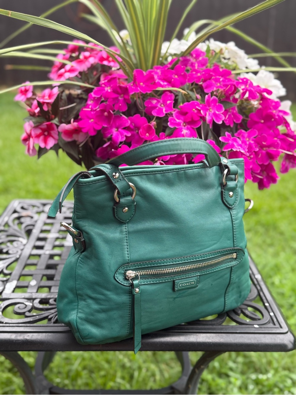 Coach Teal Green Leather Tote Shoulder Bag Soft Leather Zip Top Purse